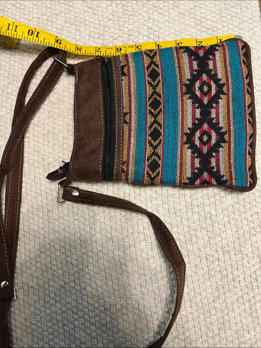 Brown Aztec Crossbody Bag with Teal and Red Accent